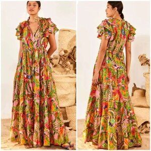 NEW FARM Rio Macaw Leaves Flutter-Sleeve Tiered Maxi Dress Size S
